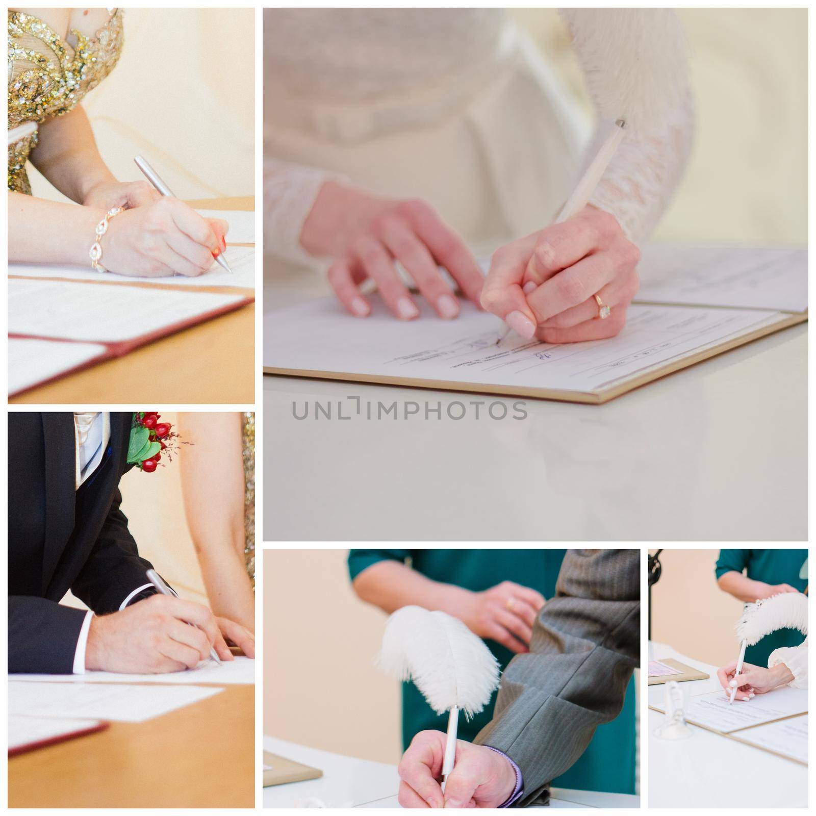 Wedding registration process. Bride and groom sign in the registration book