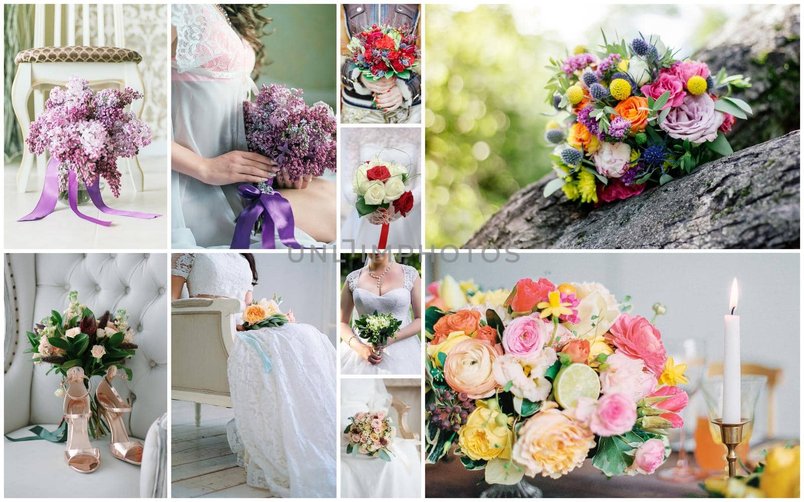 Wedding bouquet collage. Wedding flowers from different ceremonies