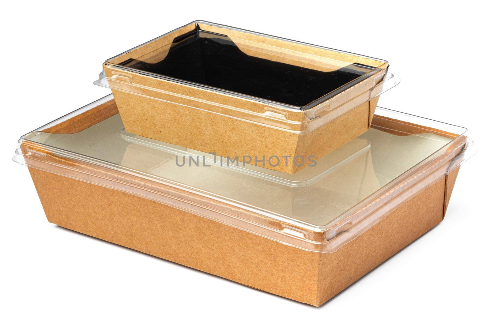 Craft package food box with transparent cover on white background close up