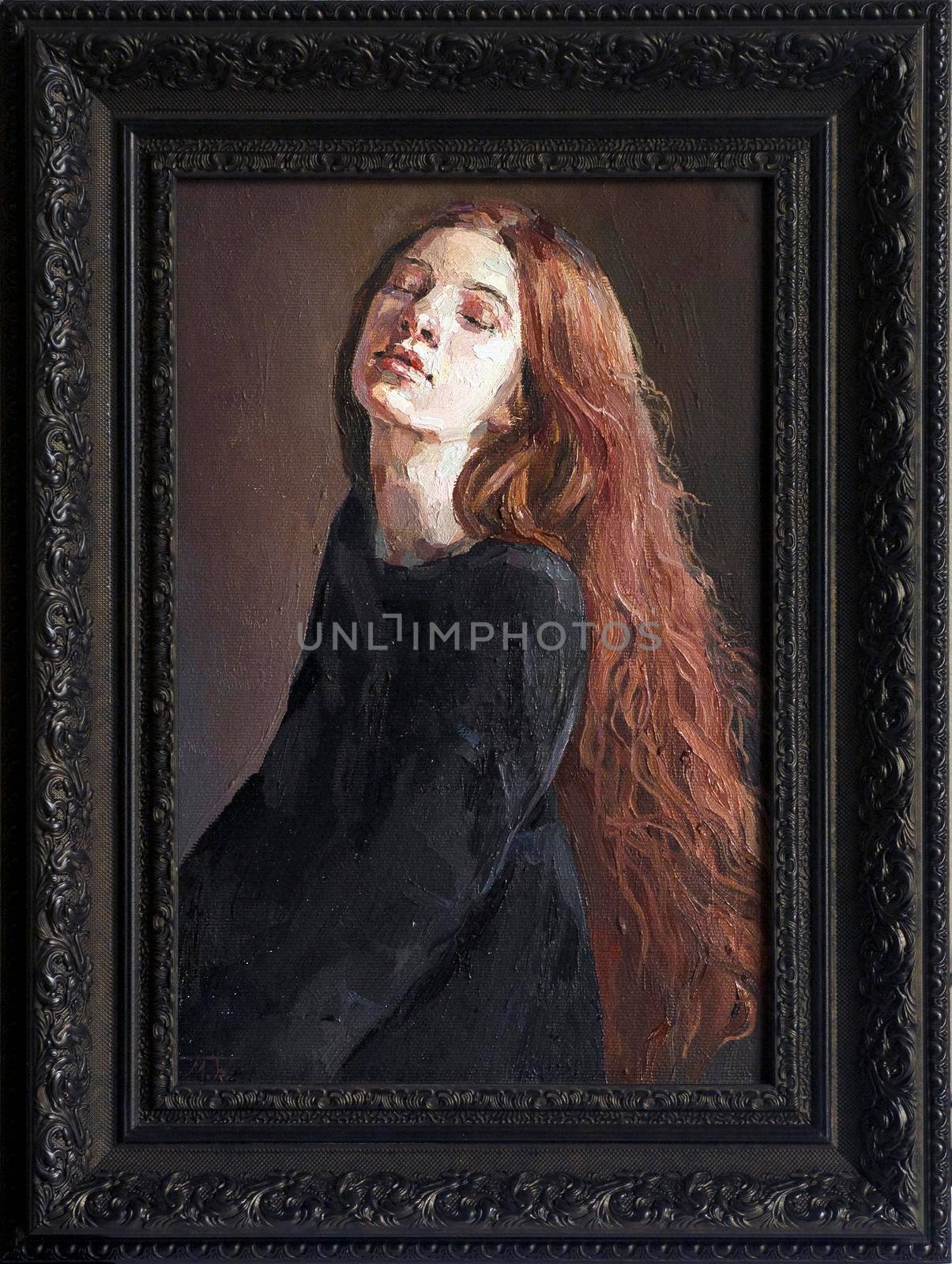 The brown-haired woman in a classic black dress is a little tired. The background is created in various shades of brown. framed oil painting on canvas.