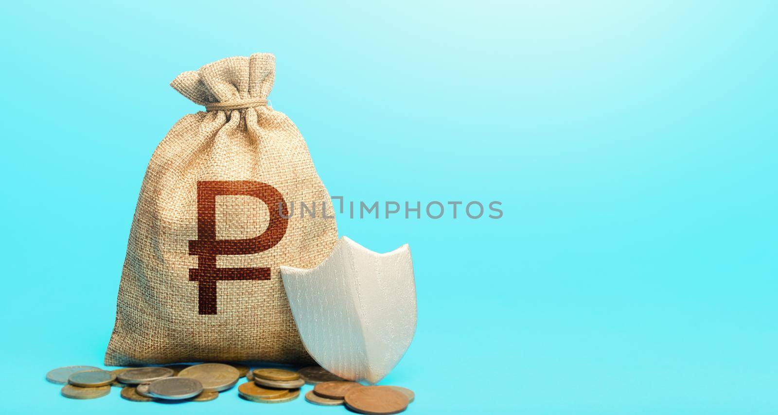 Russian ruble money bag and protection shield. Avoiding loss of funds during inflation. Guarantee protection savings and investments. Secured loan. Ease doing business. Financial instruments.
