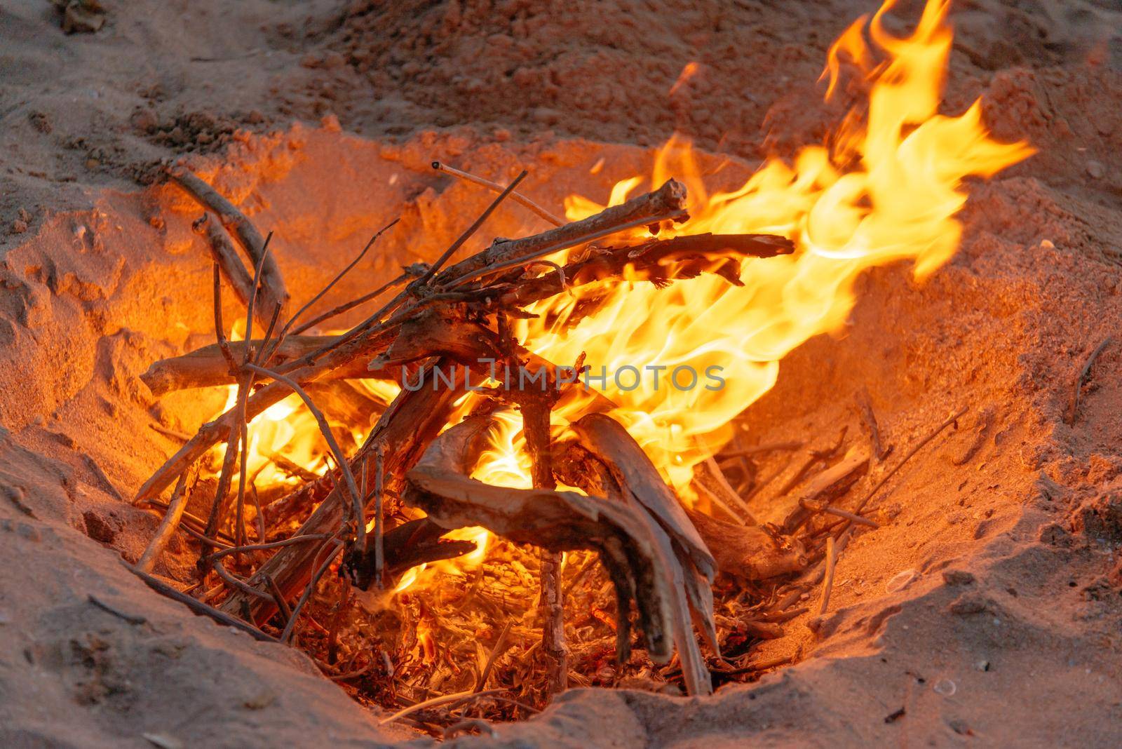 Bonfire on sand beach. by alexAleksei