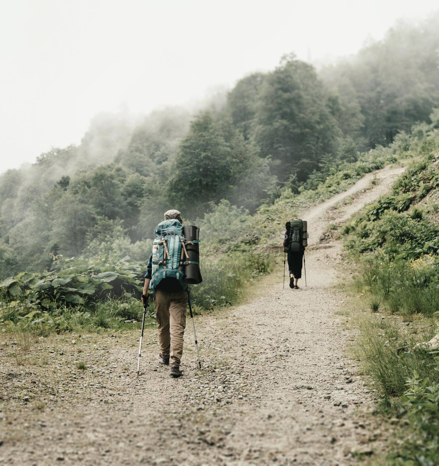 Two hikers walking on the path in mountains. by alexAleksei