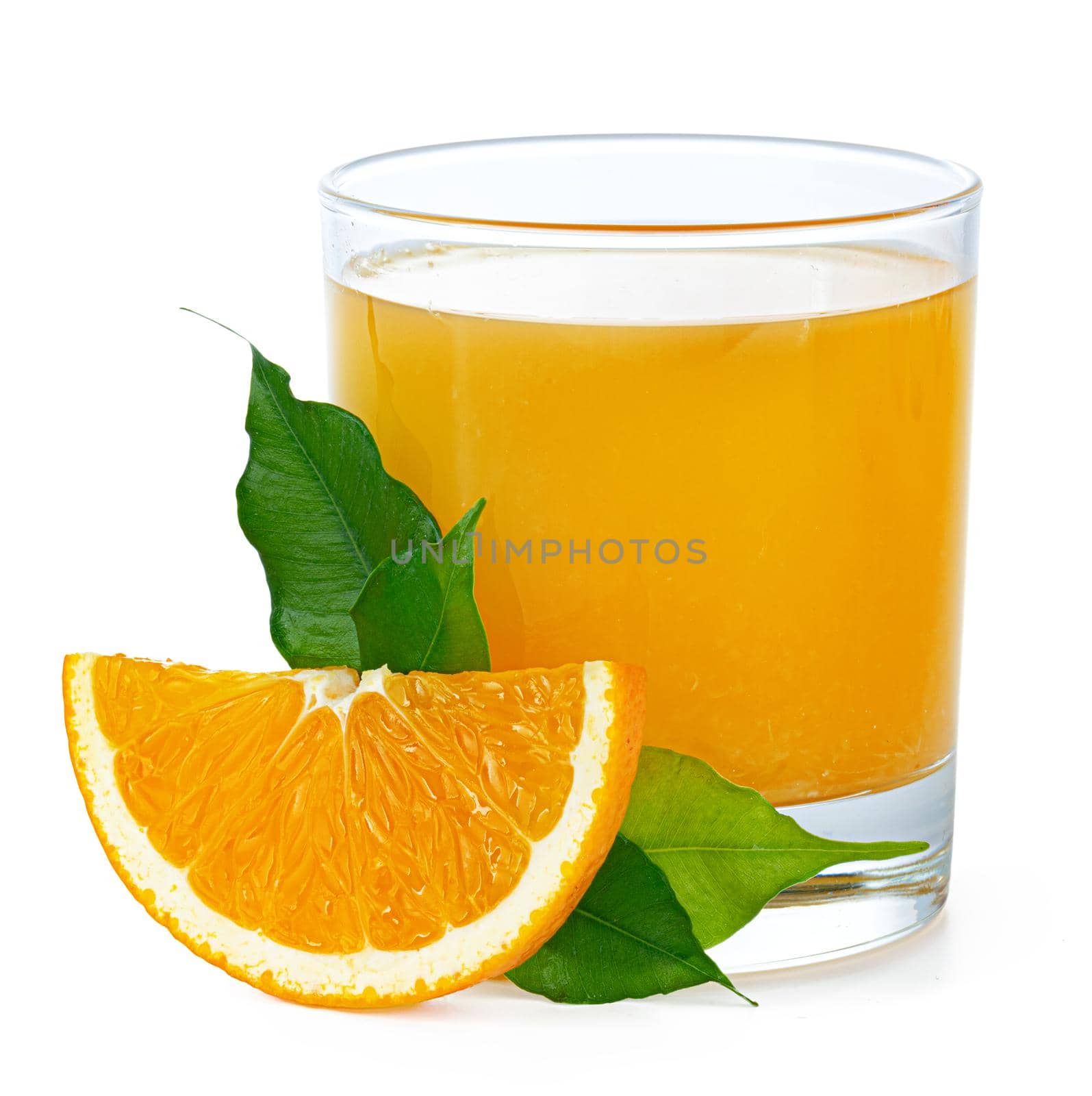 Fresh orange juice in glass isolated on white background