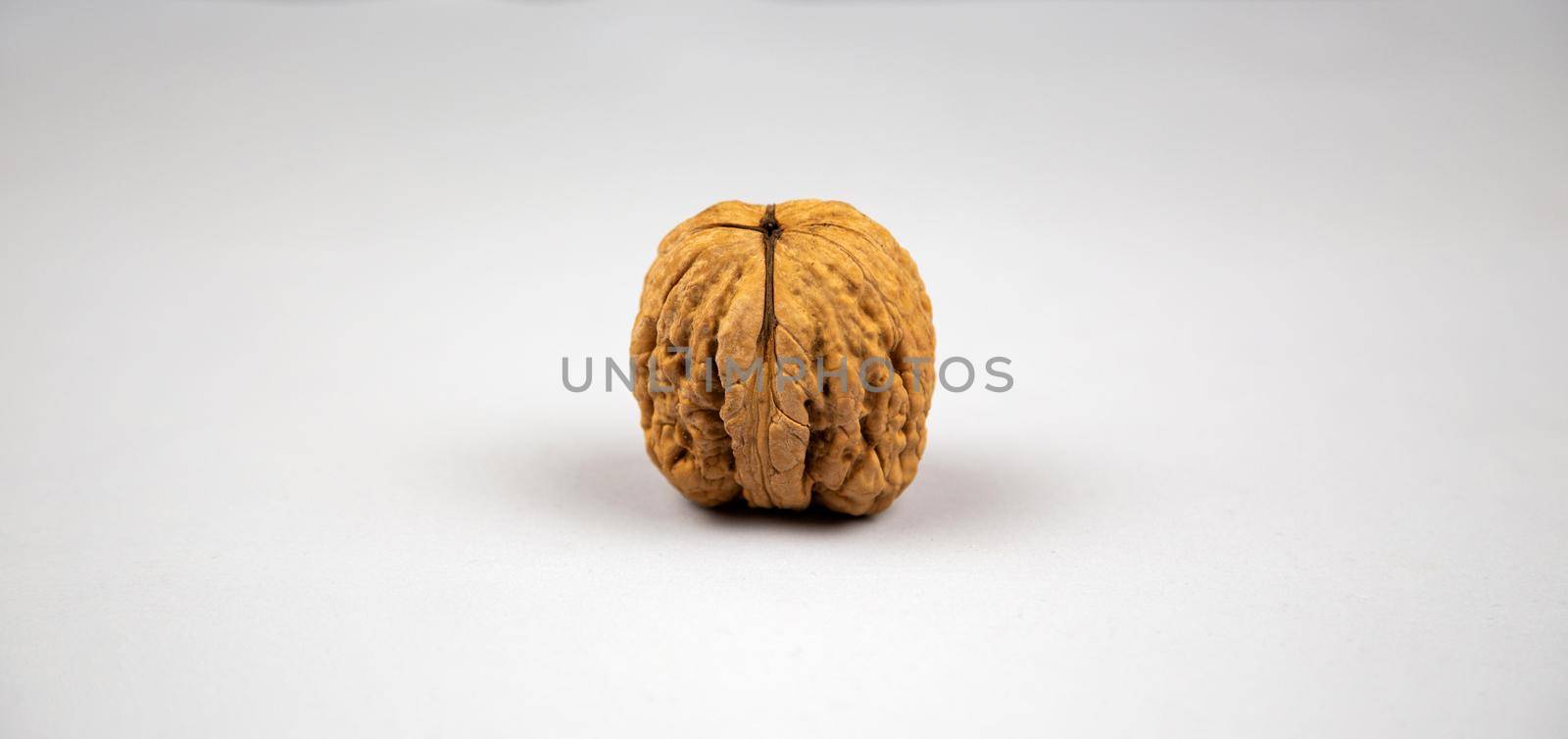 Creative poster Walnut in shell closeup gray background with copy space. Nut Macro concept. by lunarts