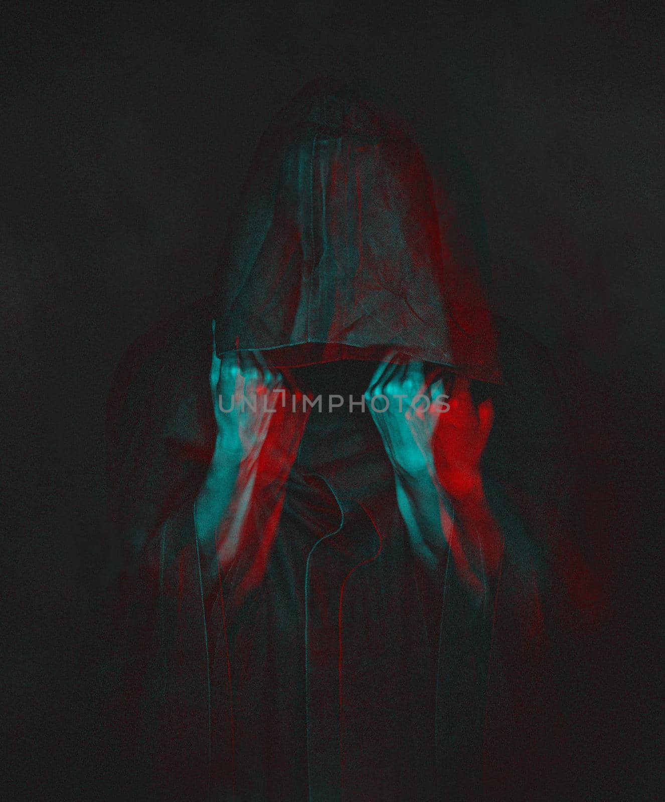 Anaglyph effect of human in black coat with a hood. by alexAleksei
