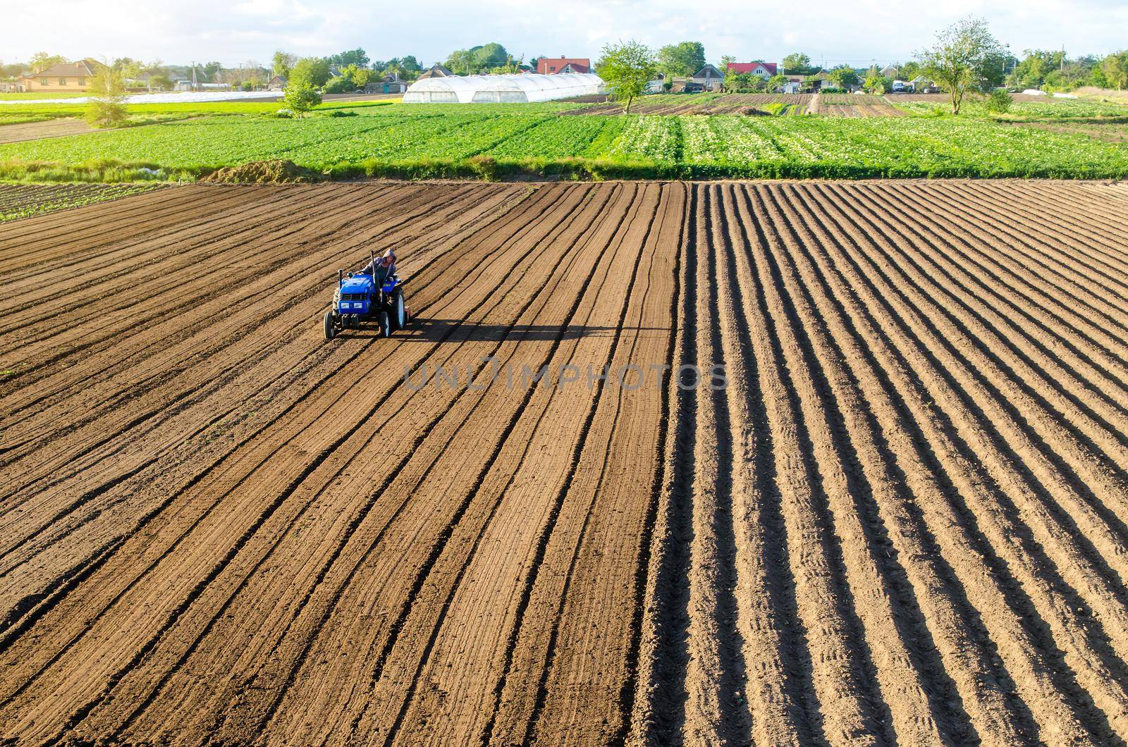 Tractor on farmland field. Farm work. Milling soil, Softening the soil before planting new crops. Plowing. Loosening surface, land cultivation. Mechanization in agriculture. Cutting rows for planting.