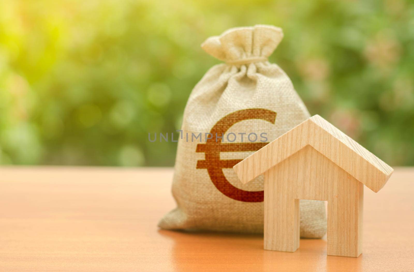 Wooden house figurine and Euro money bag on the background of nature. Budget, subsidized funds. Mortgage loan for the purchase of housing, construction or modernization. Tax, building maintenance. by iLixe48