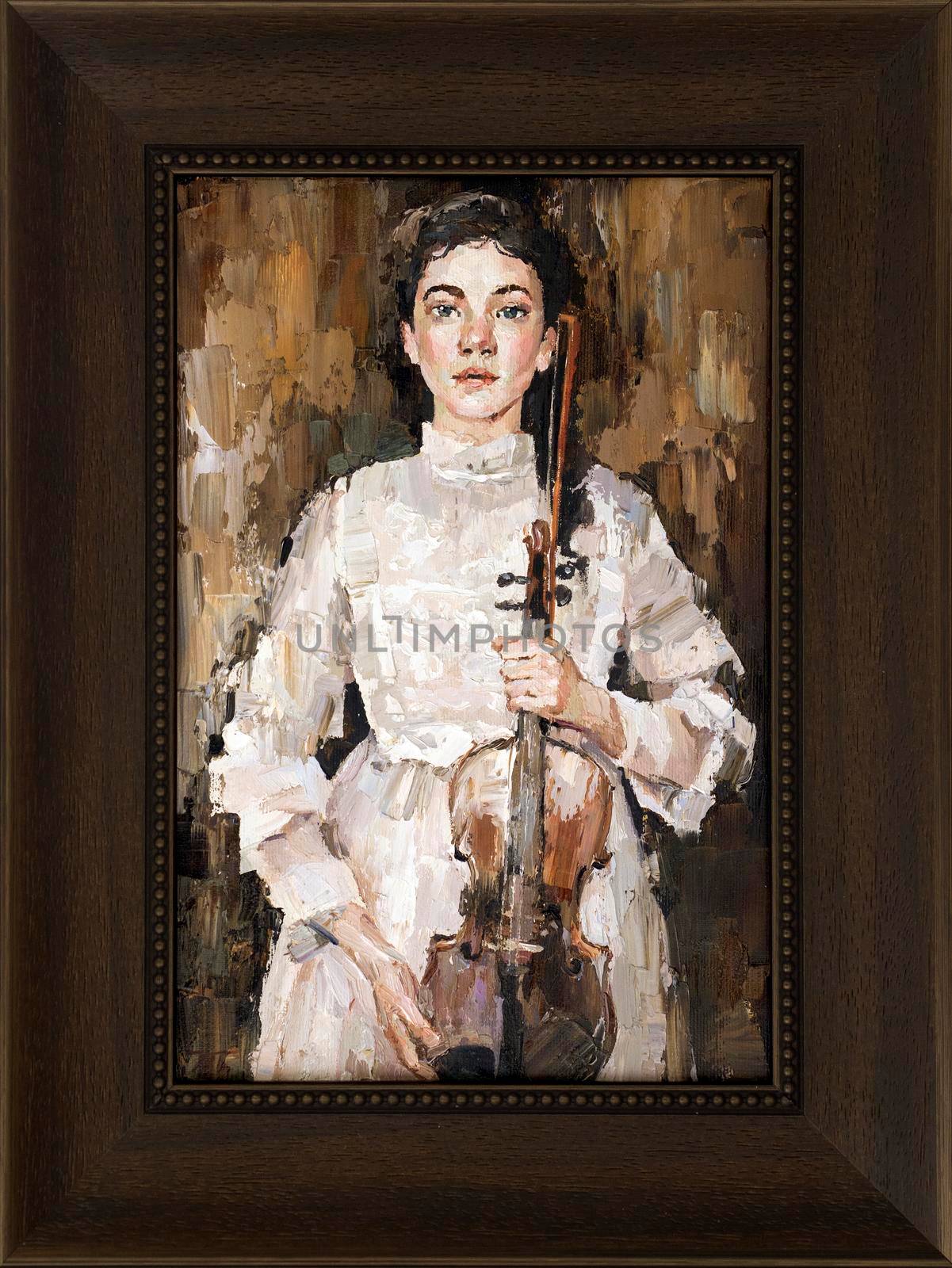 Framed girl in a white dress holding a violin in her hands. Palette knife technique of oil painting and brush.