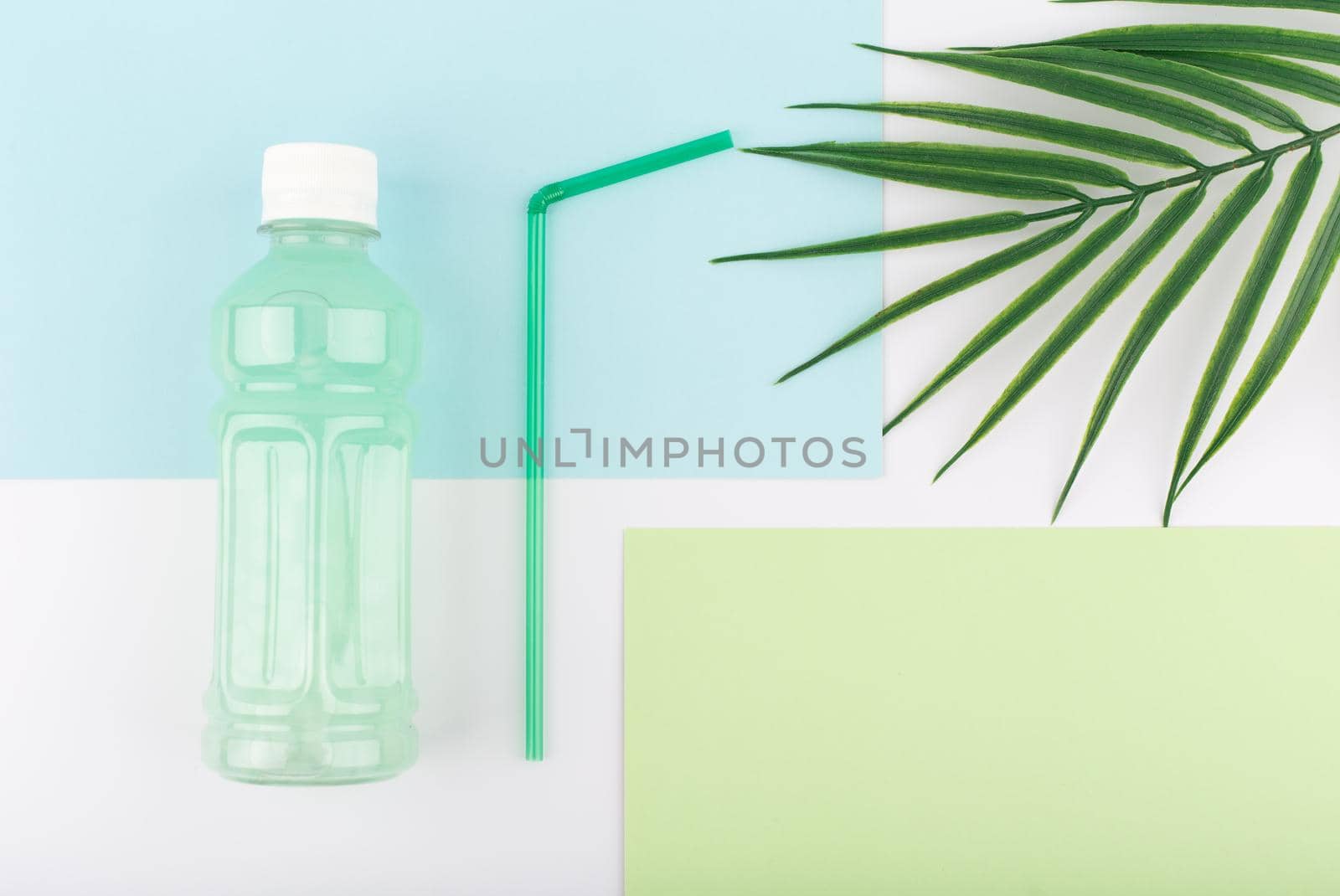 Creative flat lay with transparent plastic bottle with green detox drink or fresh and healthy lemonade on blue, green and white background with palm leaf. Concept of healthy organic detox drinks for weight loss