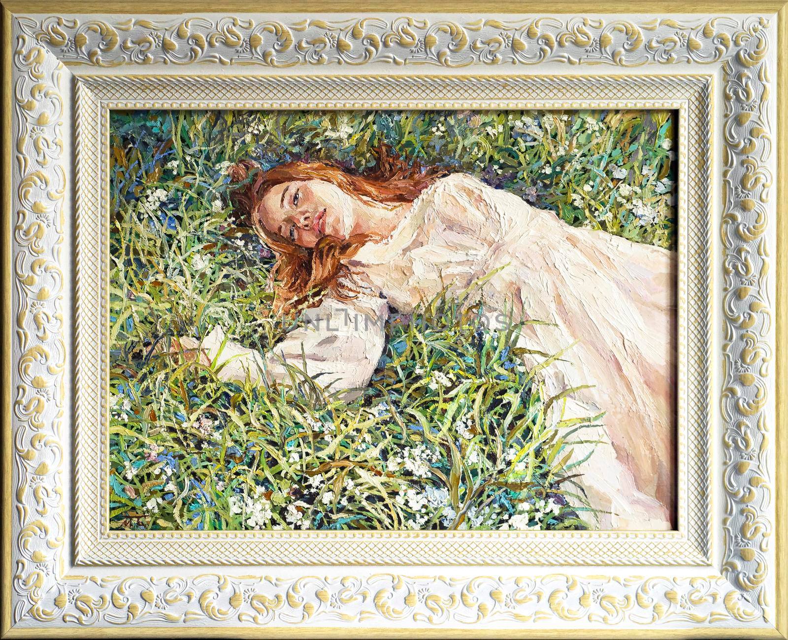 A red-haired beauty, a young girl lies and dreams on the field among various summer grasses and wildflowers. Framed oil painting on canvas.