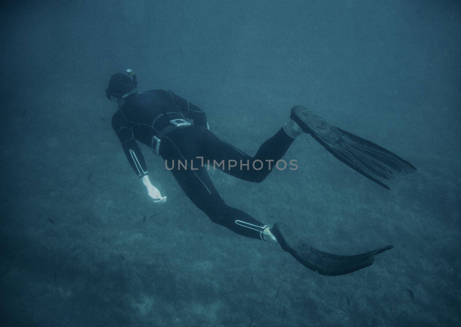 Sporty man freediver wearing in wetsuit and flippers swimming underwater in deep sea, rear view.
