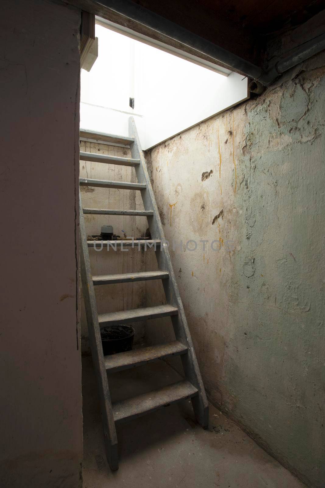 Cellar wooden Stairs leading down to stone and brick lower level in dark basement, old abandoned building scary