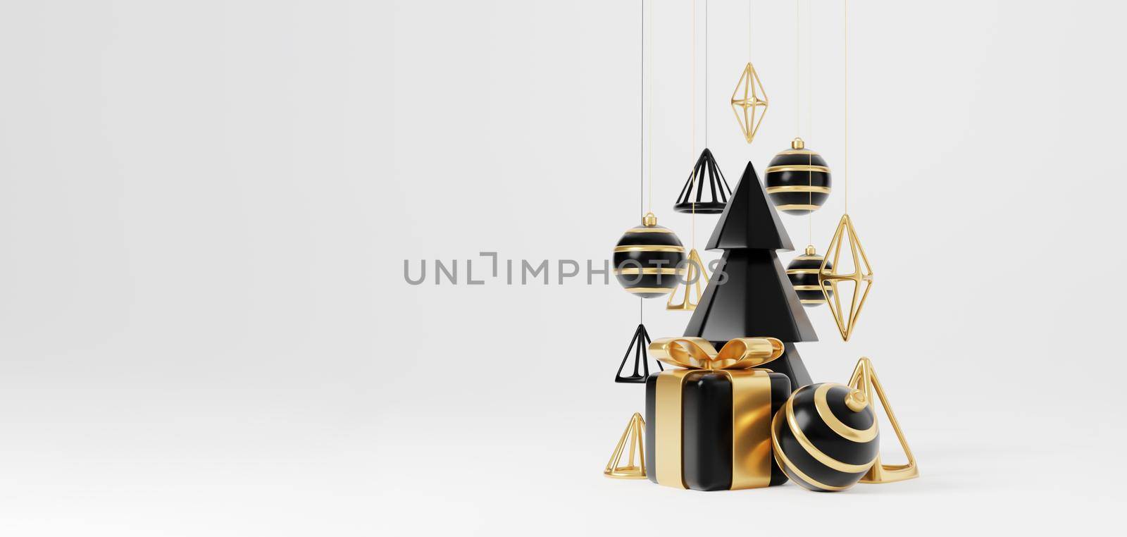 Luxury christmas 3d render banner or greeting card. Modern Minimal New year and Christmas gold and black Decoration with tree, candy, ball, gift box on white background