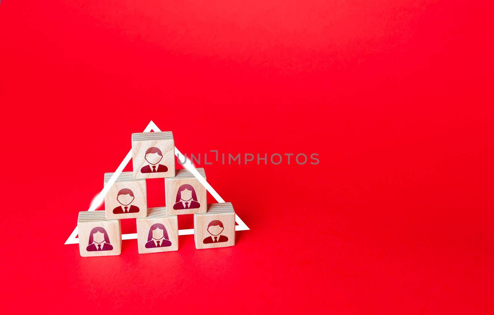 Hierarchical pyramid concept. Society or business ranking system. Superiors and subordinates efficiency. Business personnel management. Meritocracy, corporate conformism. Cooperation and teamwork.