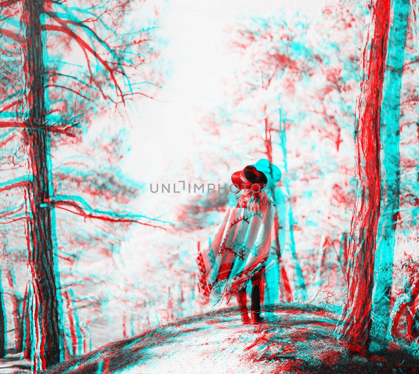 Stylish woman wearing in a hat and poncho standing in the forest among trees, rear view. Image with anaglyph effect.