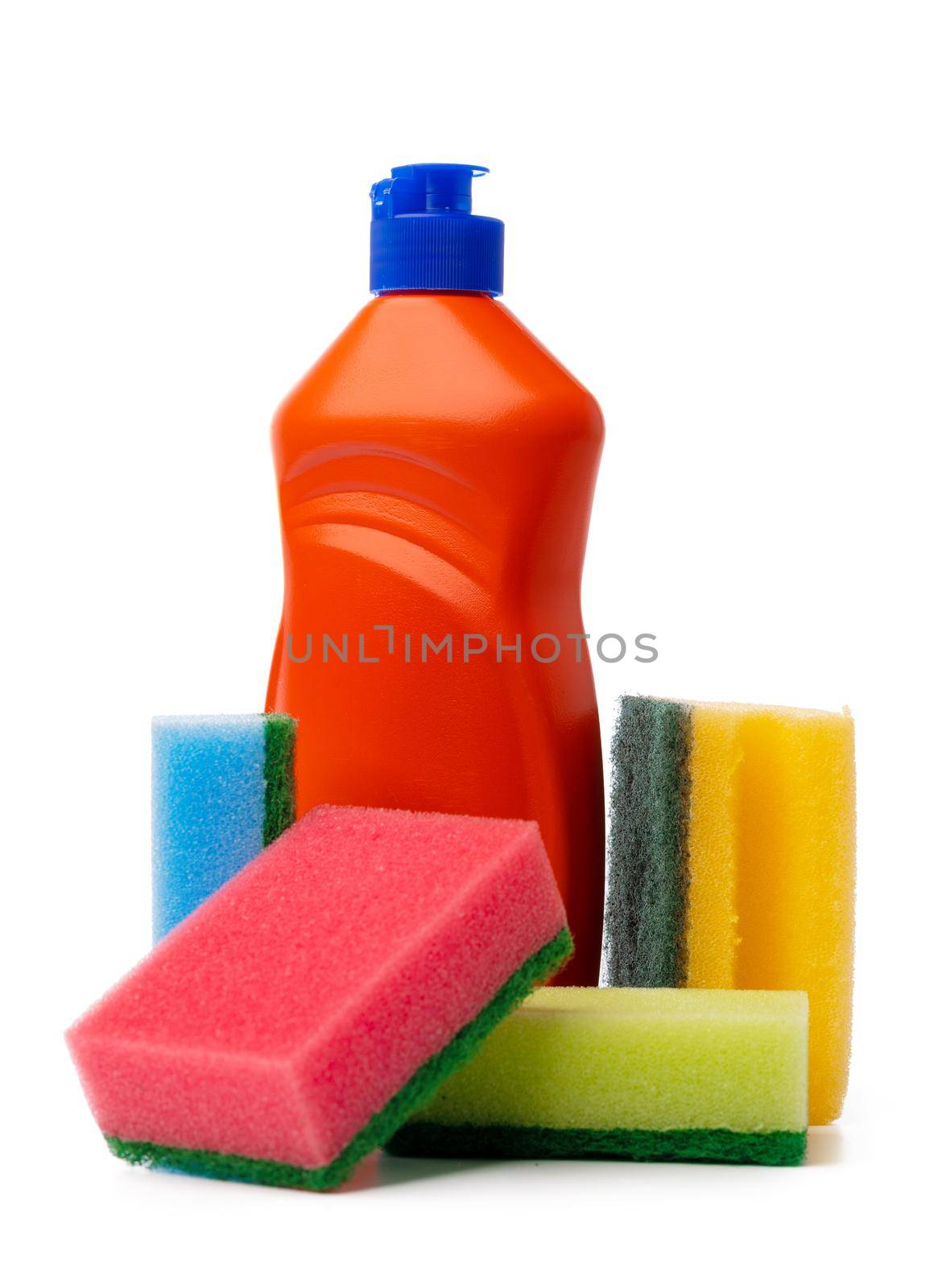 Bottles with cleaning products and sponge on a white isolated background, copy space