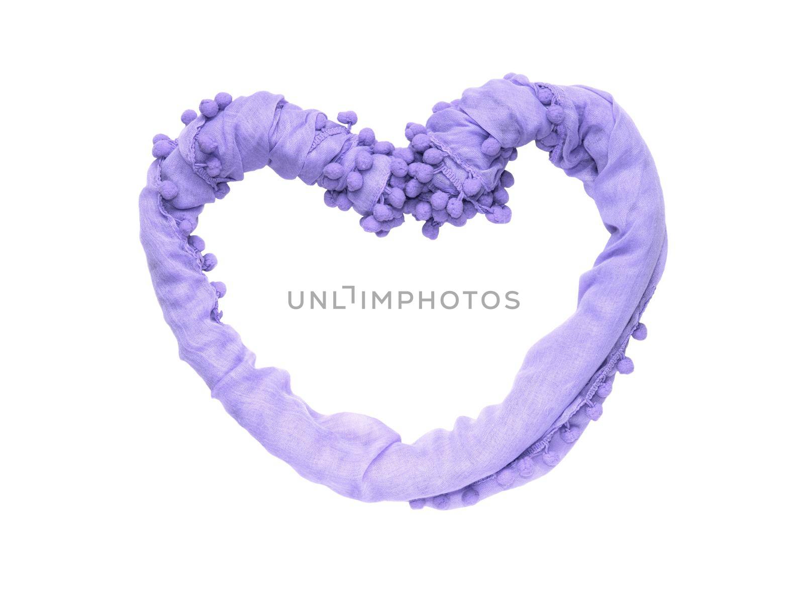 Frame in the shape of a heart of twisted delicate fabric of purple color isolated on white background.
