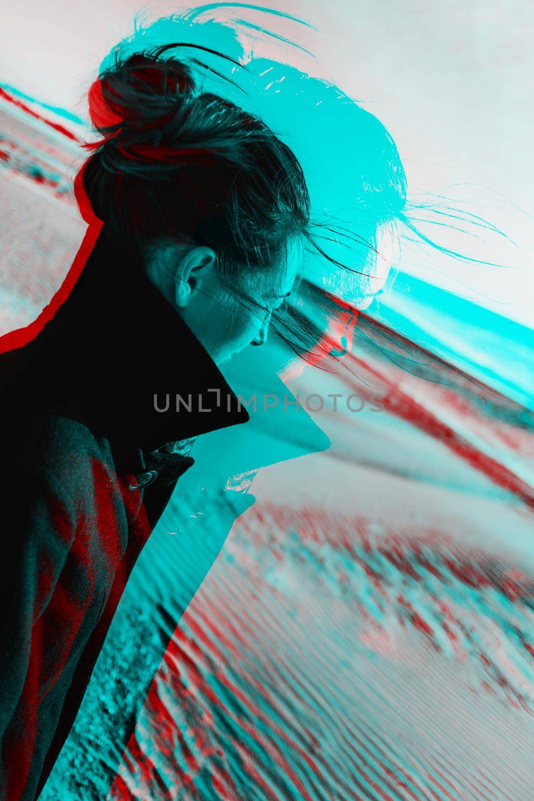 Anaglyph effect of woman in sand places. by alexAleksei