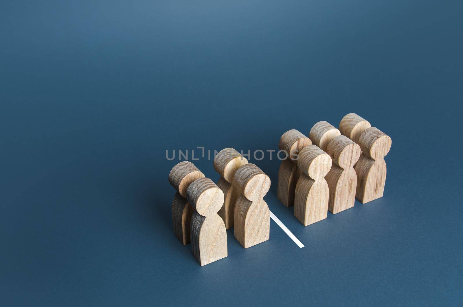 Four out of ten people separated by a line. Visualization of statistical data. 40% of 100%. Polls test results. Equality in numbers. Dividing people into two groups on different issues.