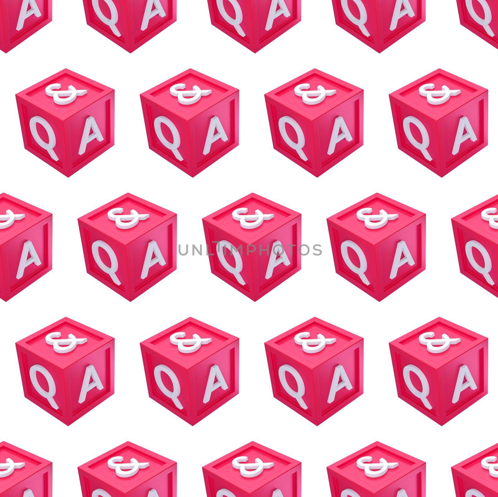Seamless pattern Question and Answer cube box minimal concept. Cartoon 3d QA chat bubble illustration. 3d render