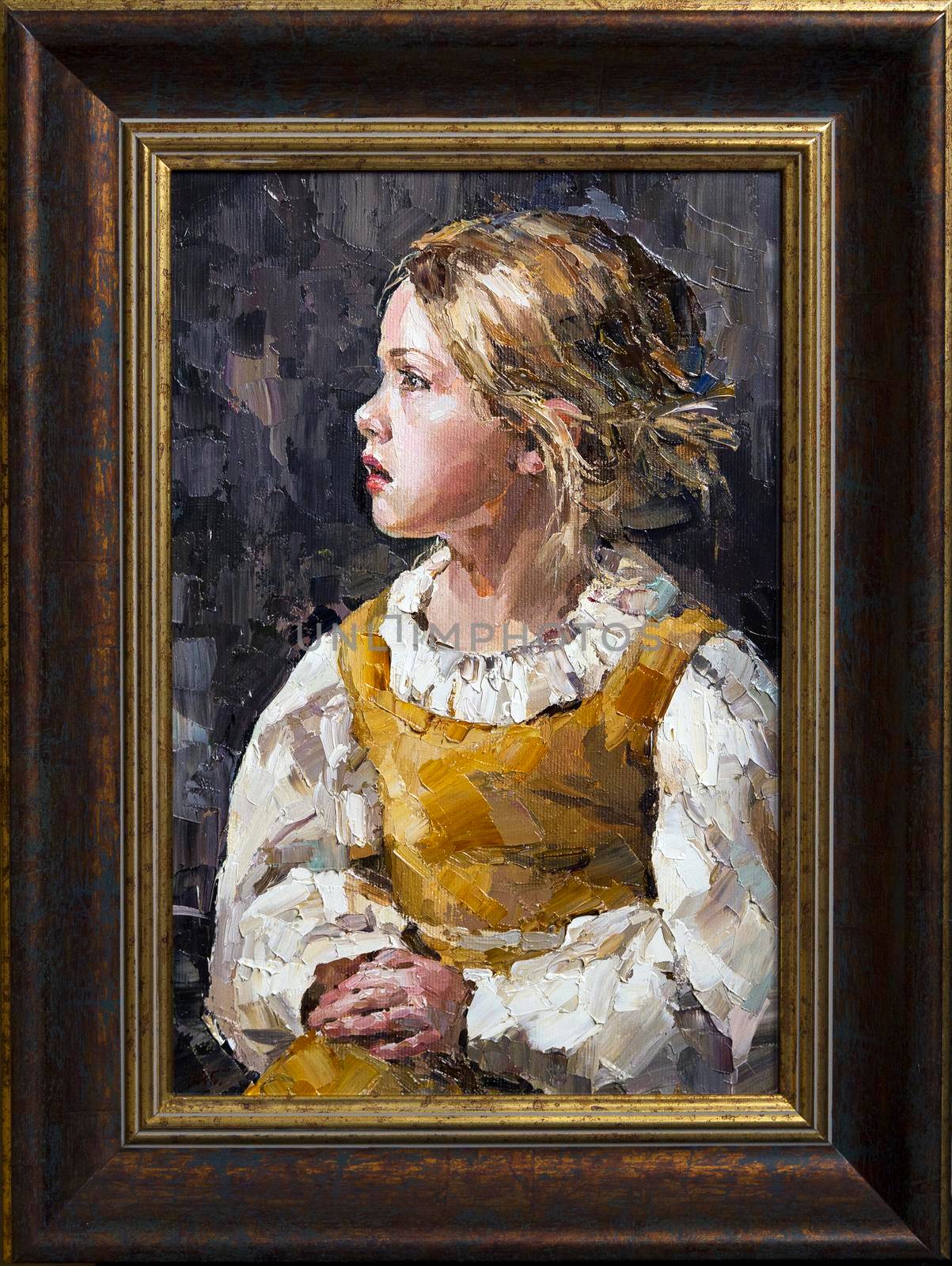 Framed portrait of young girl, on a gray-blue cold background. Oil peinting on canvas.