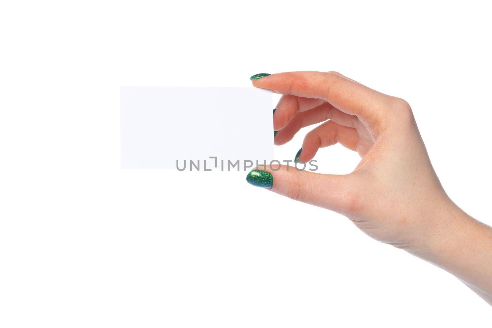 Woman's hand showing white paper banner isolated on white background