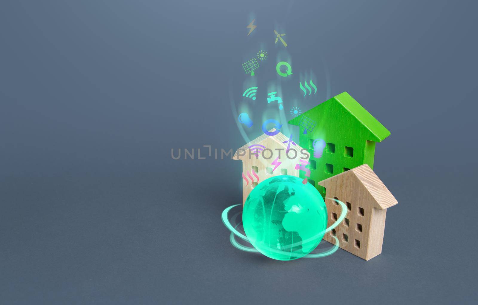 Residential building and globe with environmental symbols. Energy efficiency, autonomy and natural resources economy. Innovation and the Internet of Things. Use of renewable energy sources in housing. by iLixe48
