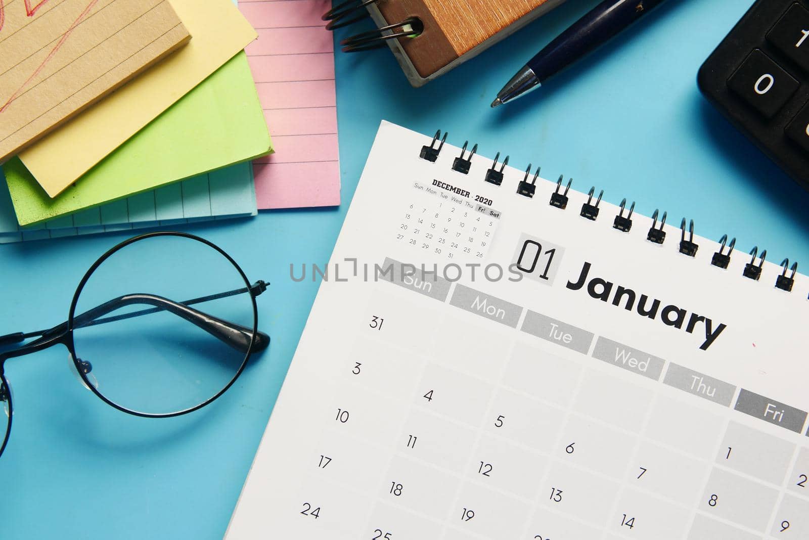 January month on calendar on office desk.