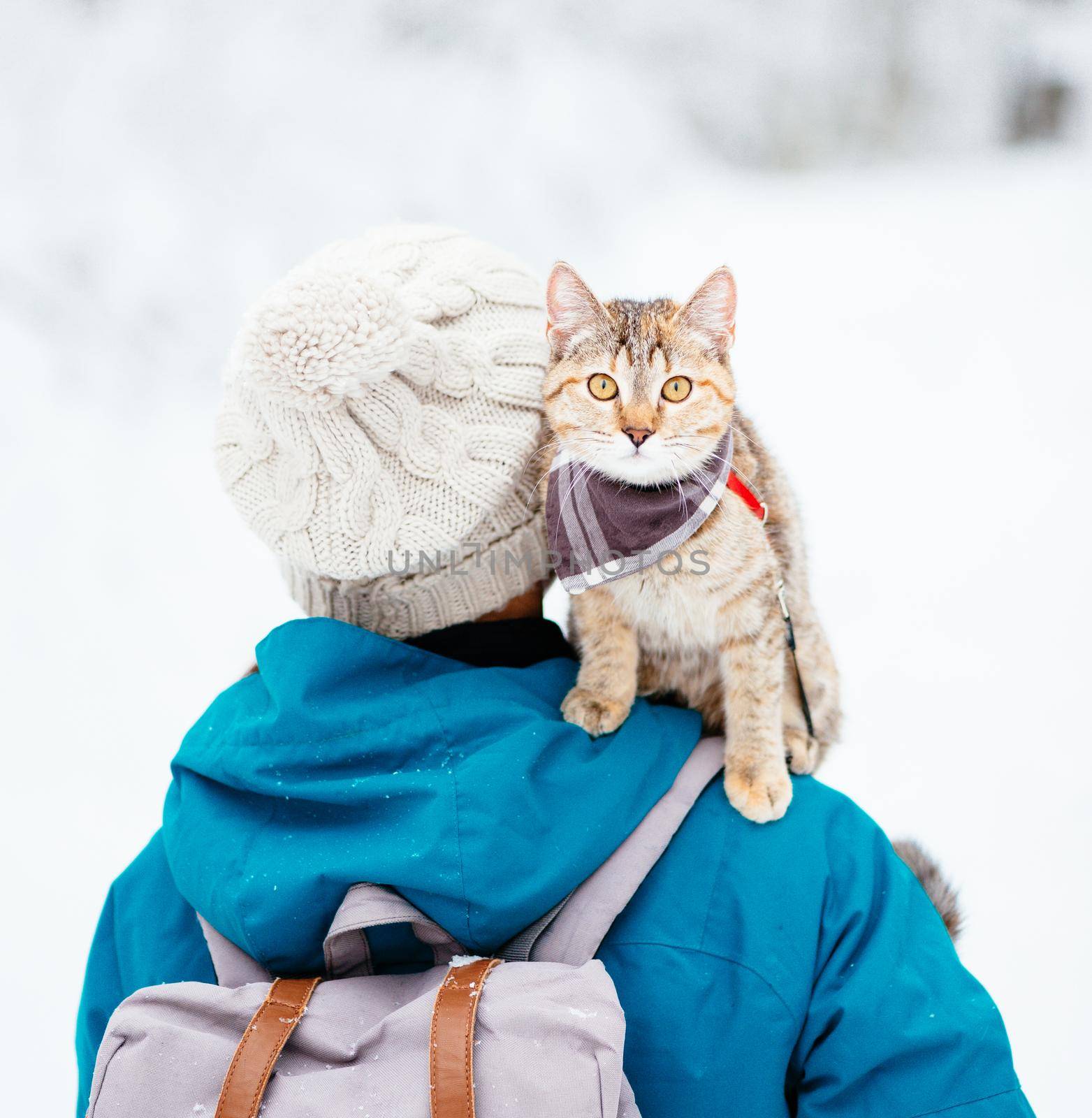 Traveler backpacker woman with cute cat on her shoulder walking in winter outdoor, cat staring at camera.