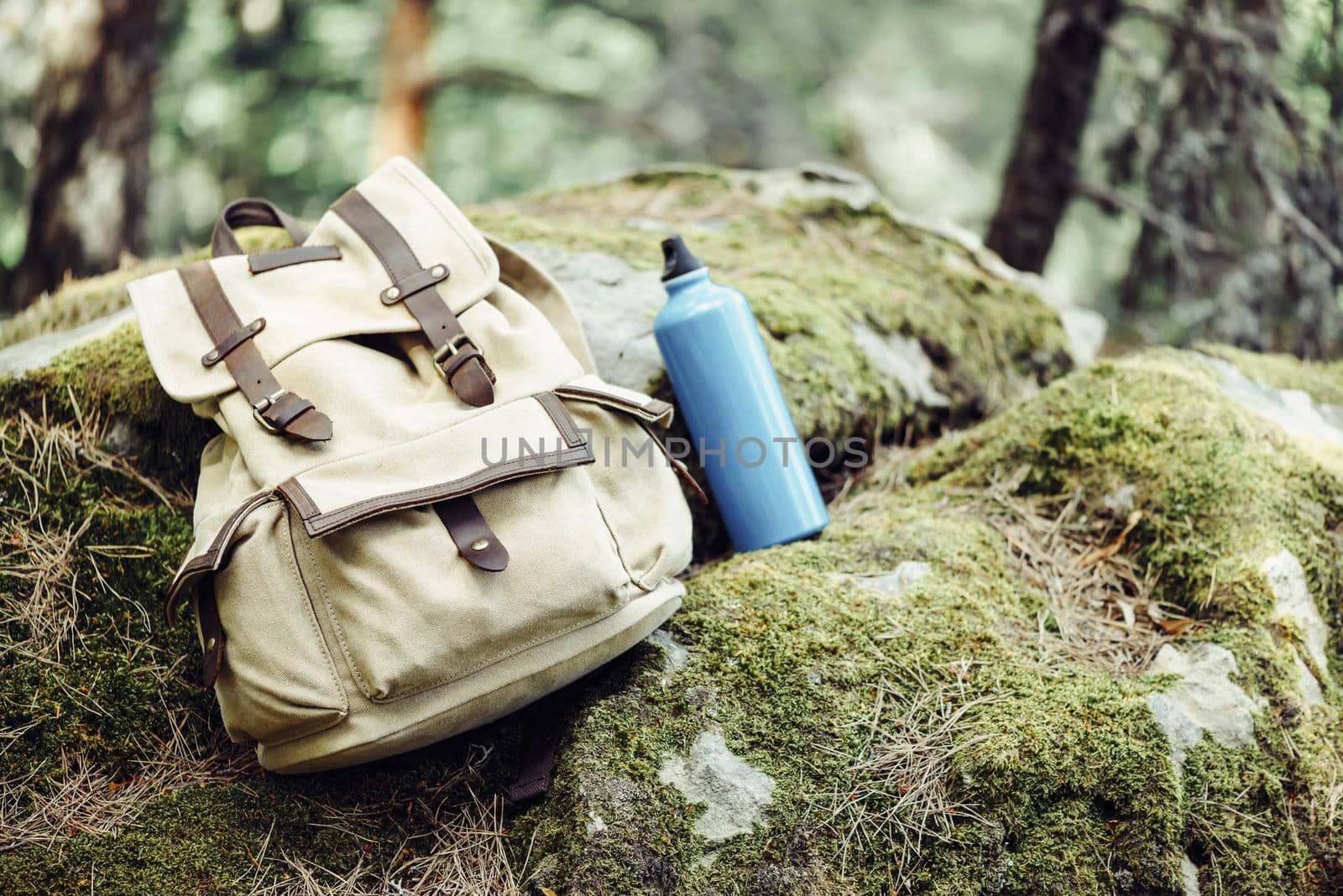 Backpack with water bottle on nature outdoor. by alexAleksei