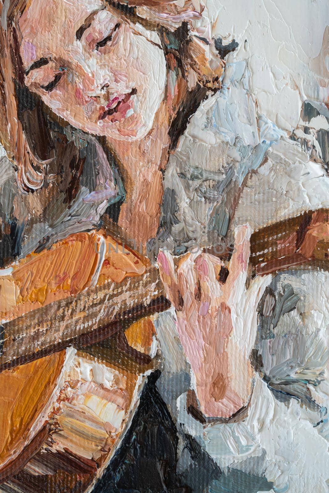 .The girl plays the guitar. Music lessons. Oil painting on canvas.