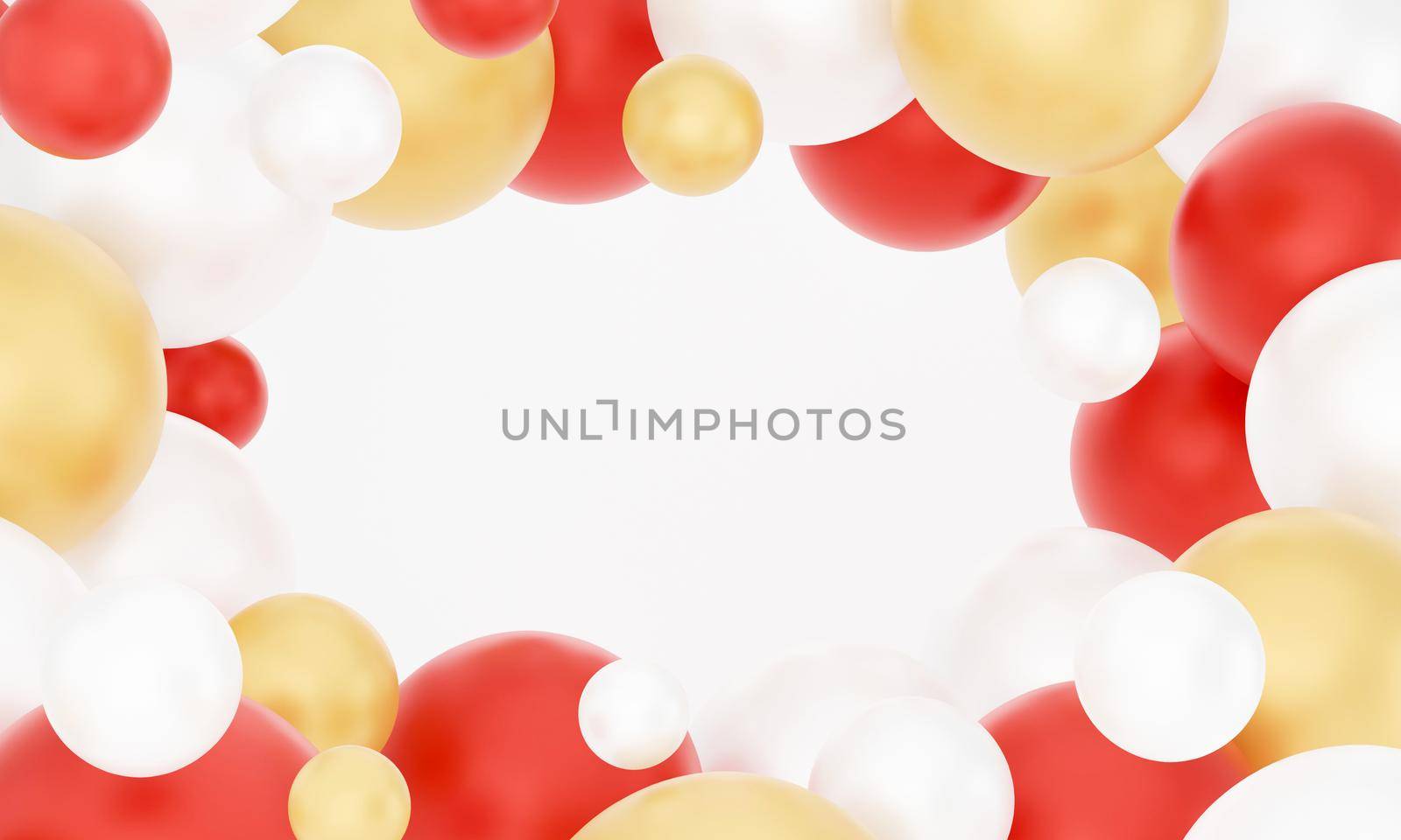 3d render abstract background frame with gold, red and white balls. multicolored balloons, geometric background, primitive shapes, minimalistic design, party decoration, plastic toys by lunarts