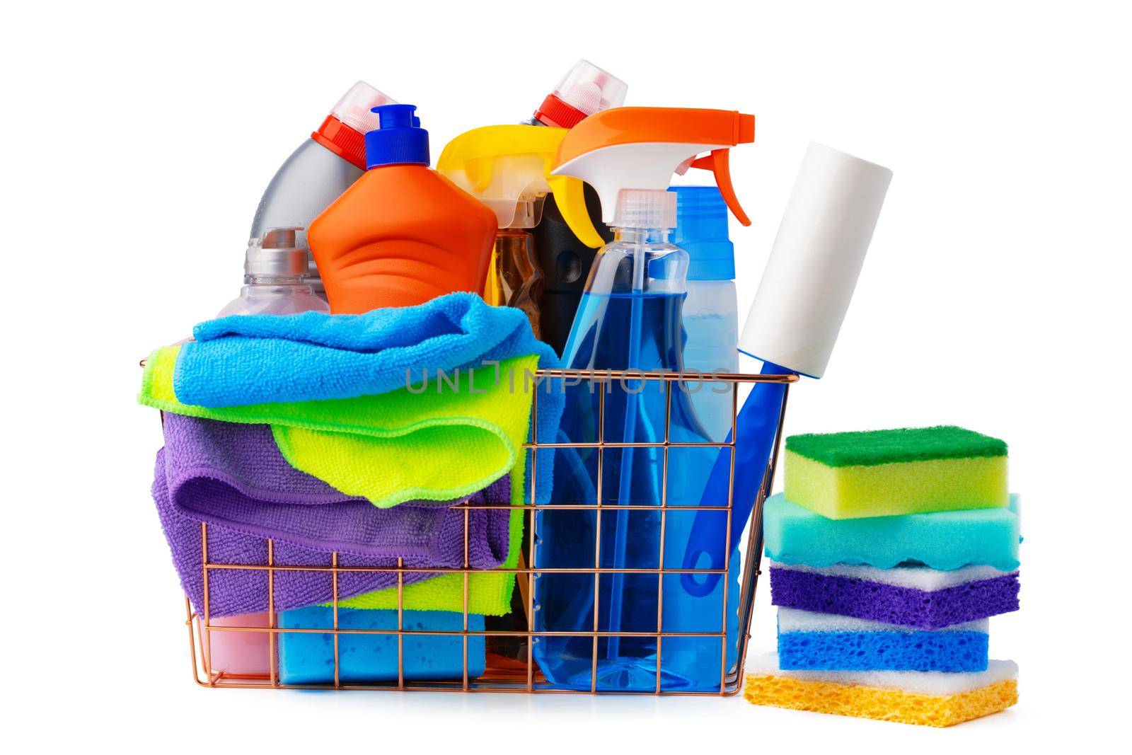 Cleaning items in basket isolated on white background, close up