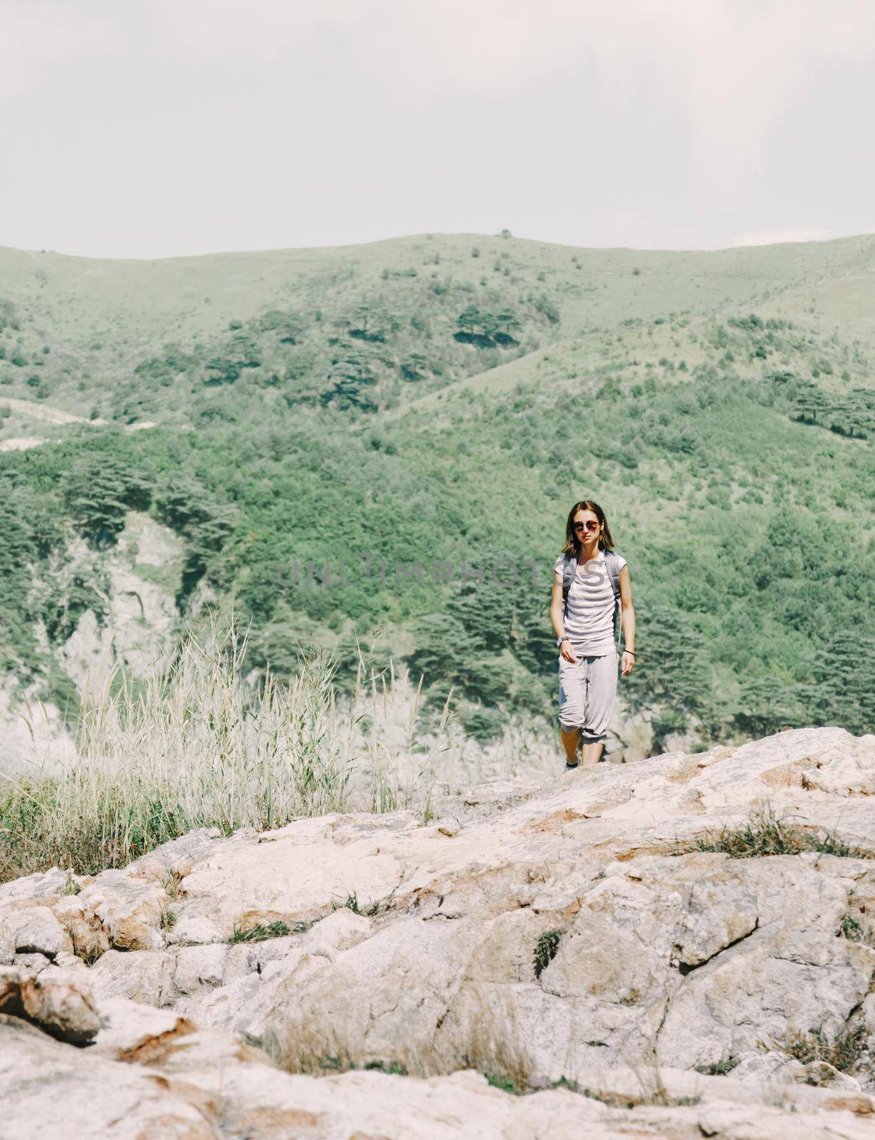 Backpacker woman walking in summer mountains. by alexAleksei