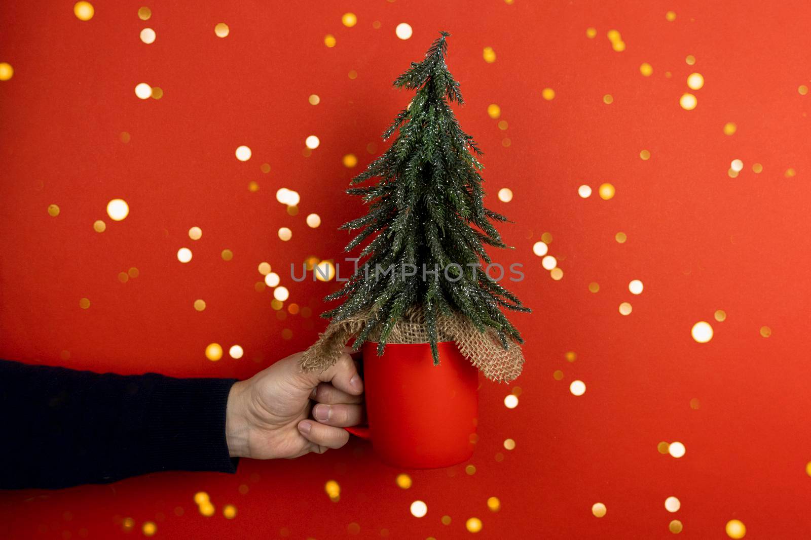 Caucasian man hand holding a red mug with pine tree by uveita