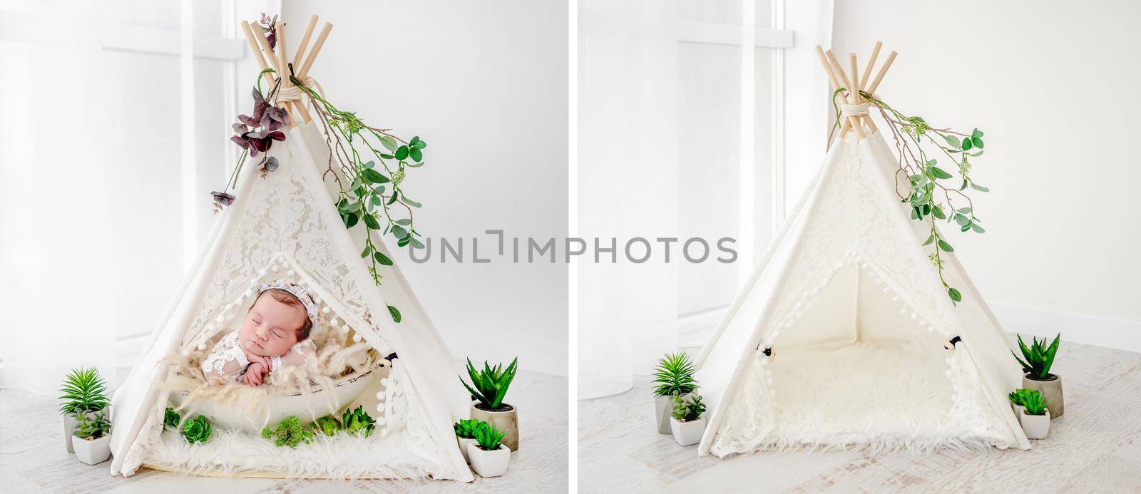 Adorable newborn baby girl sleeping in handmade hut and empty studio decoration for infant photoshoot collage mix