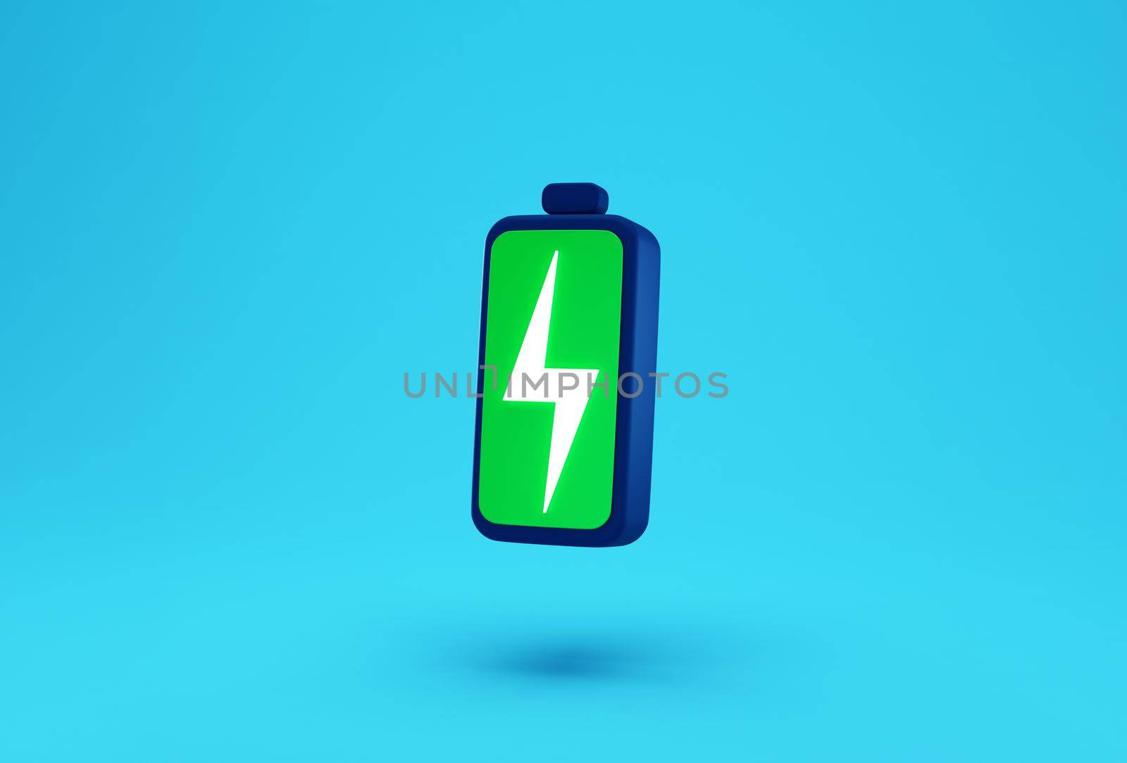 Green battery with lightning bolt charge symbol creative concept. minimal cartoon battery icon on pastel blue background. Quick and fast charging concept. 3d rendering with copy space for text by lunarts