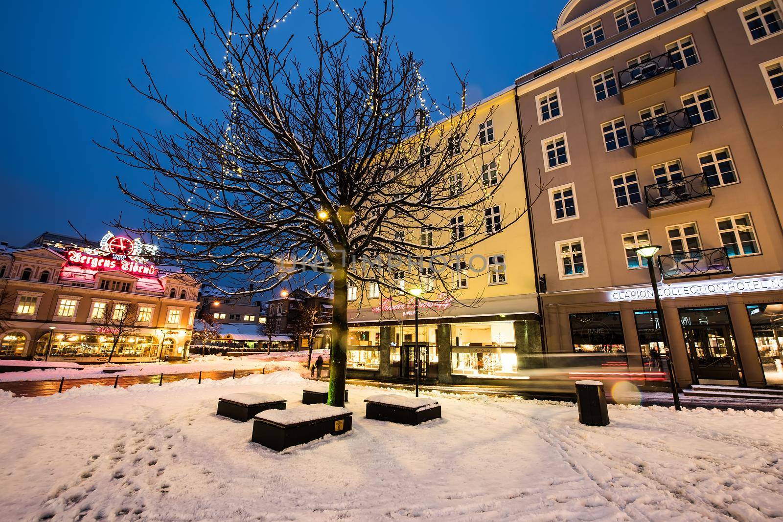 Bergen, Norway - December 29, 2014: evening the streets of Bergen at Christmas, Norway