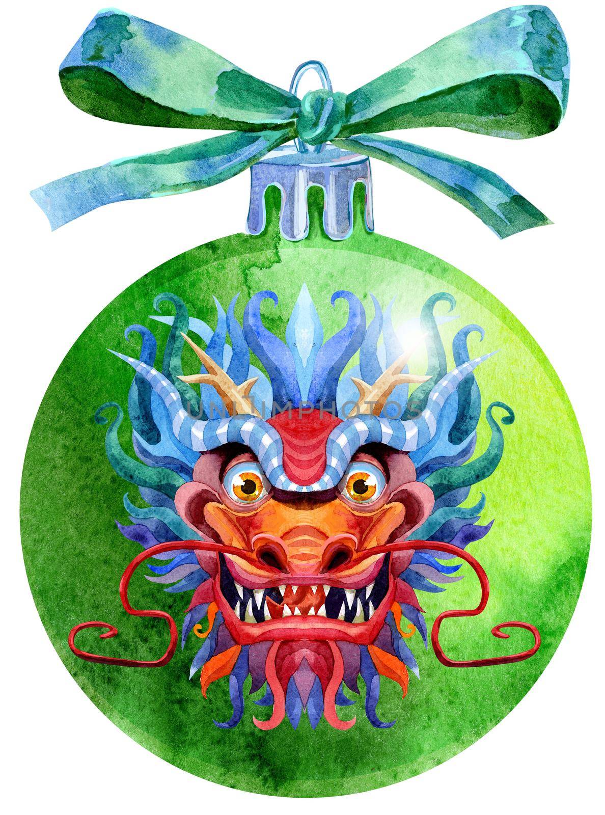Watercolor Christmas green ball with Chinese dragon isolated on a white background.
