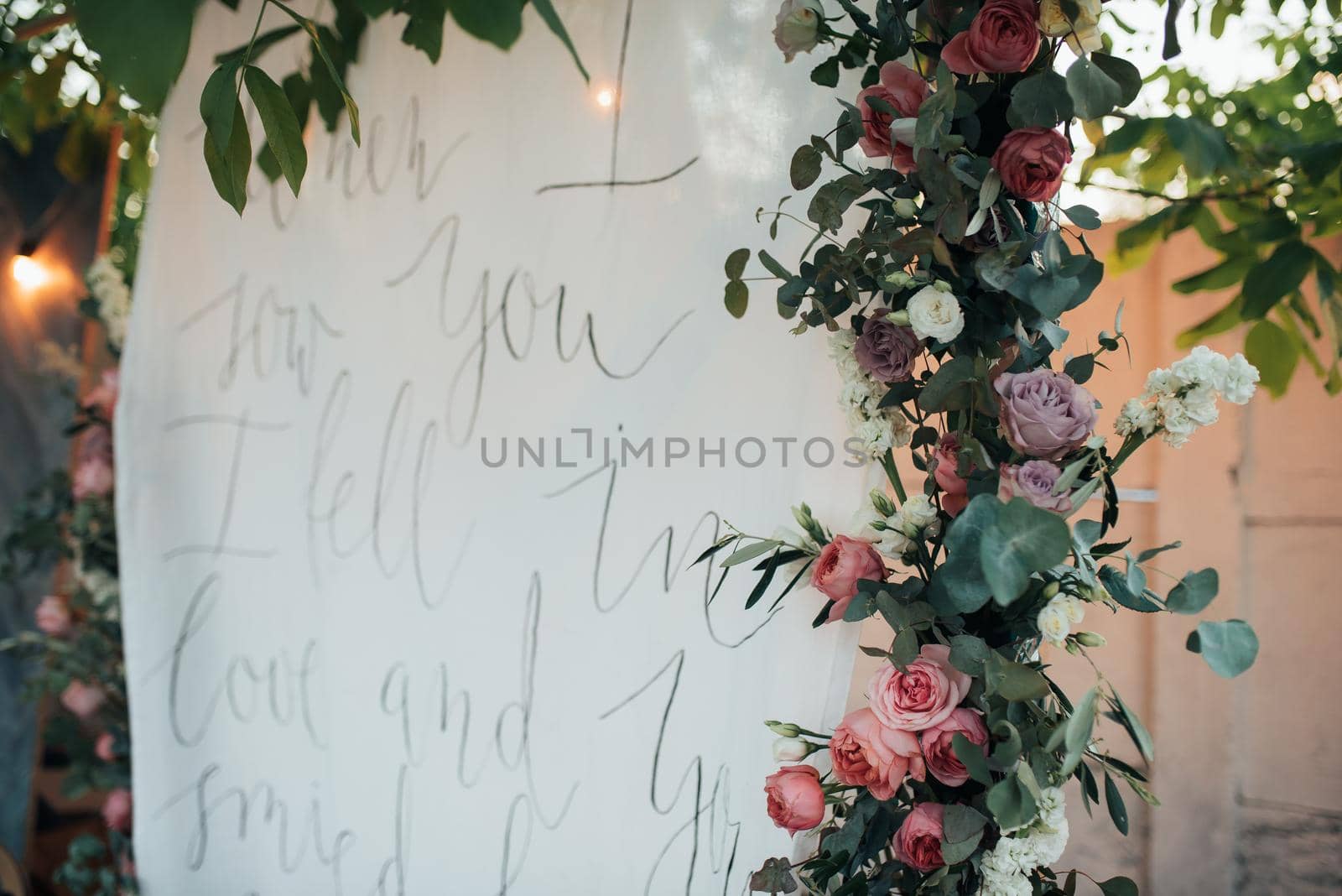 Beautiful flowers in rustic style at a wedding party by lunarts