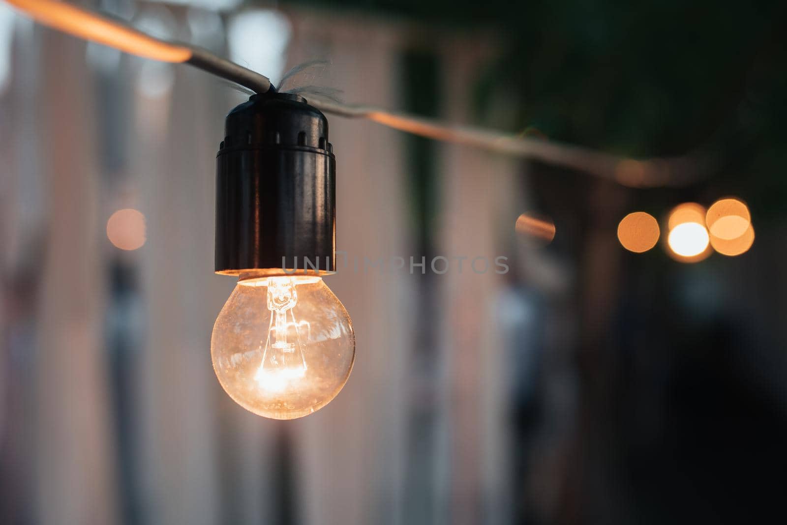 Decorative garland of old incandescent bulbs at night.