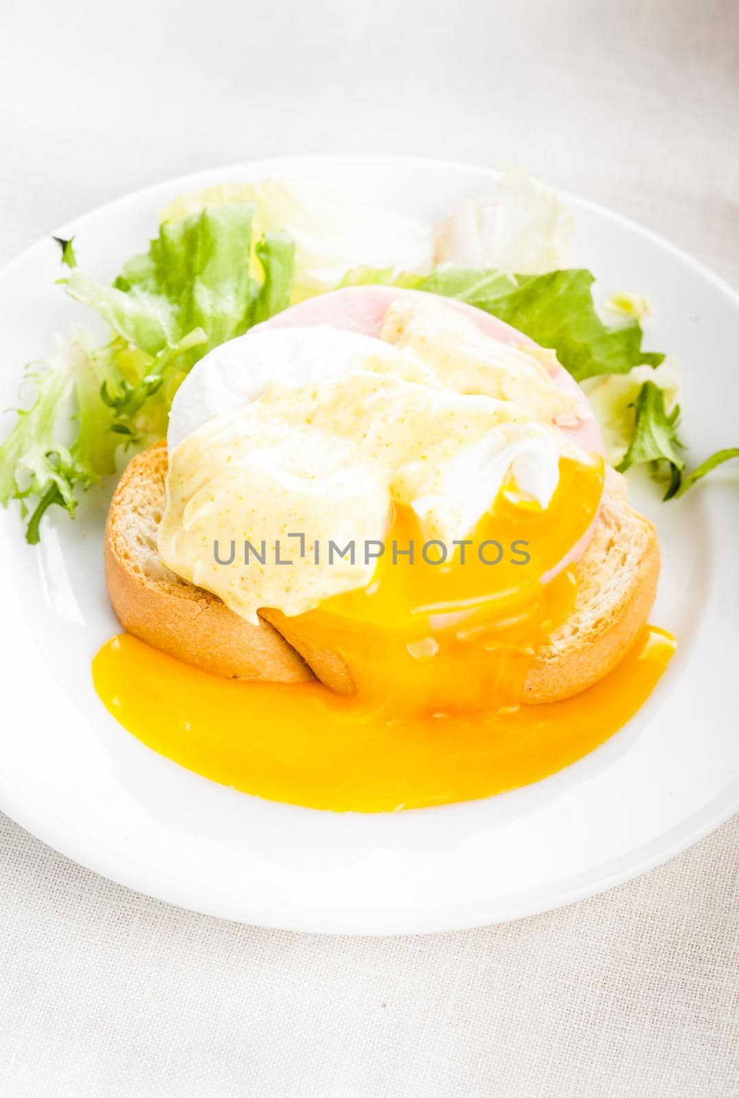 Eggs benedict close up on white plate, serving table