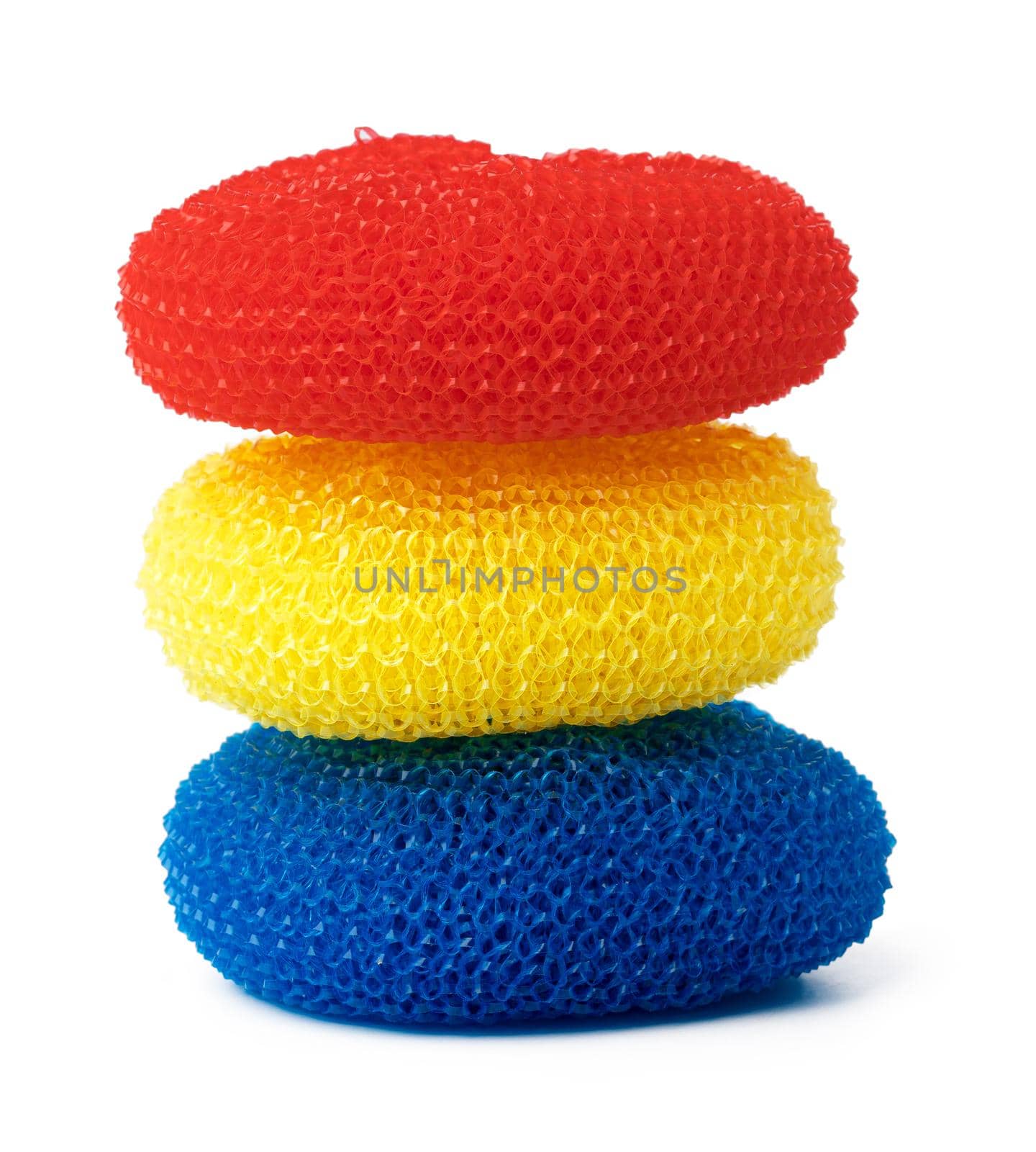 Stack of kitchen sponges isolated on white background, close up