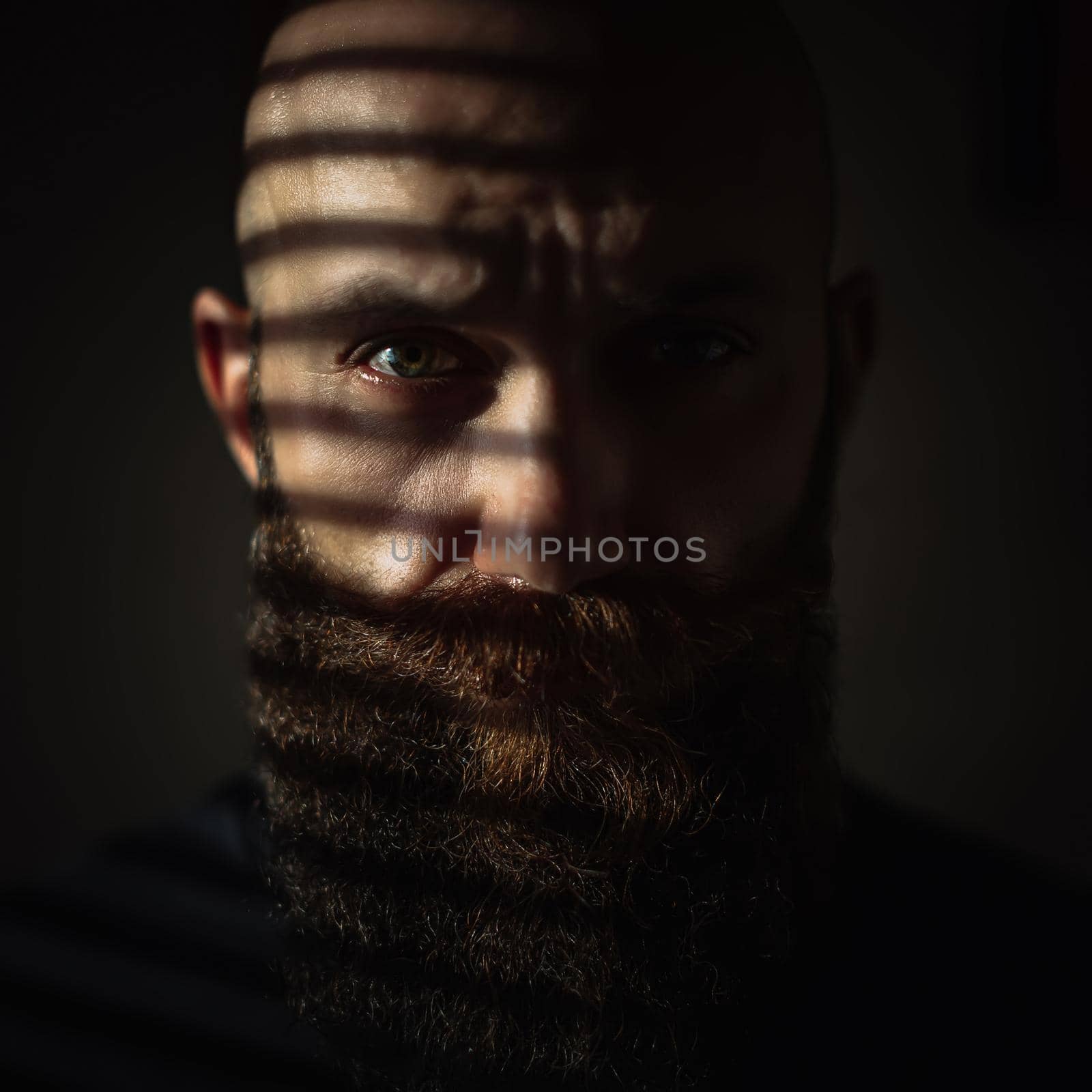 Close-up portrait of middle aged brutal bearded man with expressive eyes and striped shadows on his face by OnPhotoUa