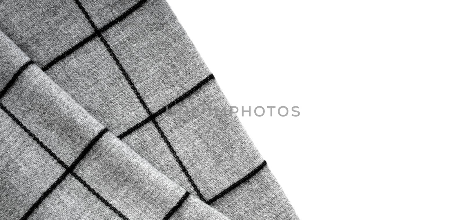 Top view of the texture of gray fabric in a large cell on a white background with an area for text
