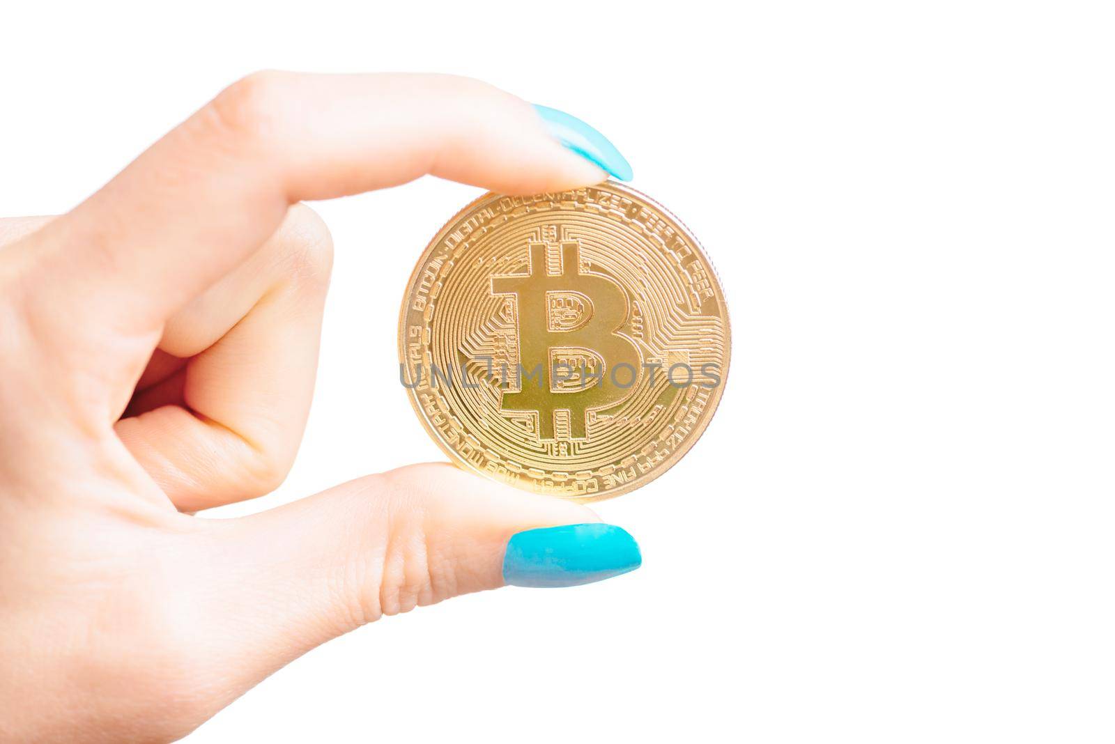 View of female hand with symbol of cryptocurrency - bitcoin isolated on a white background.