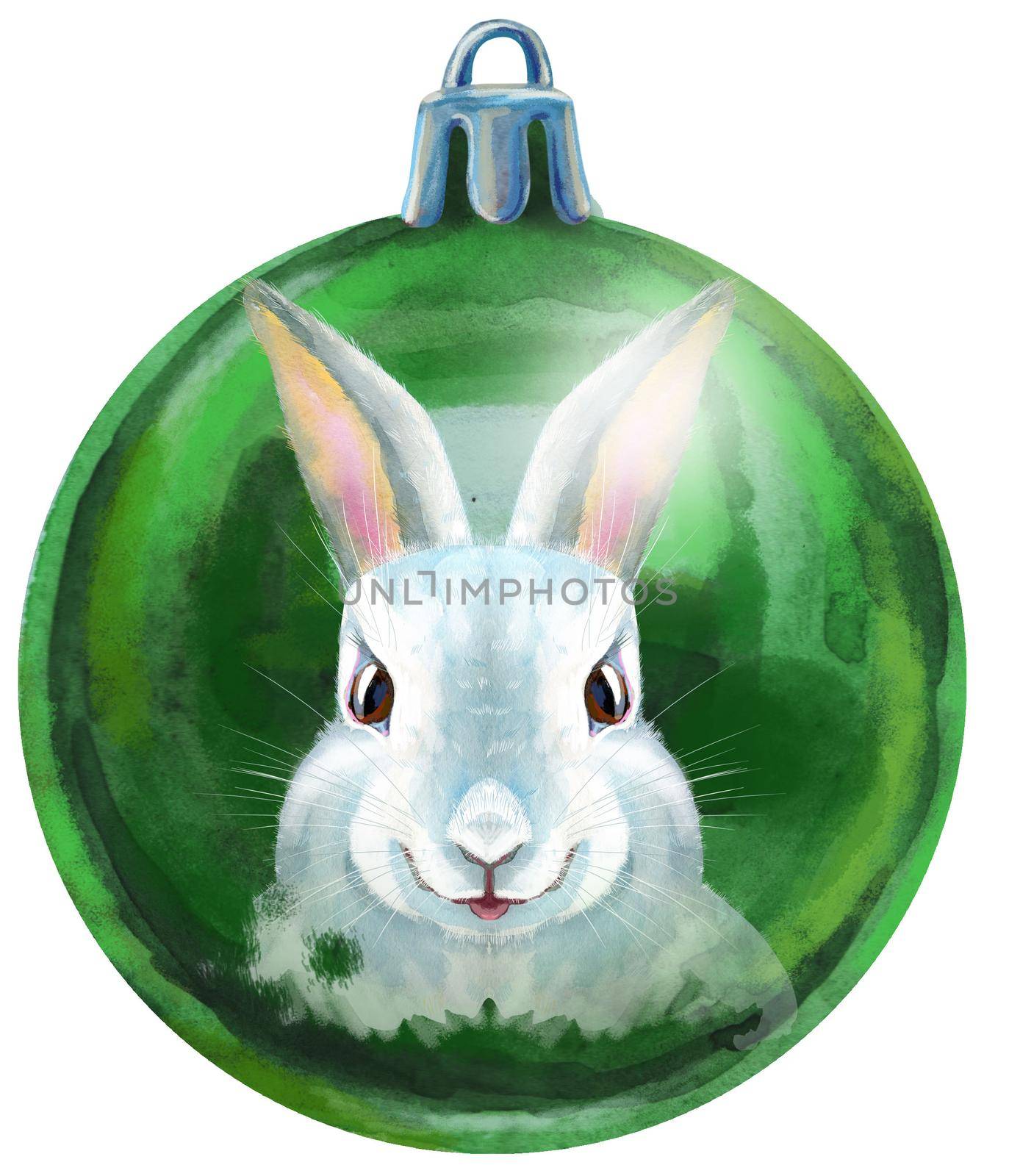 Watercolor Christmas green ball with white rabbit isolated on a white background.