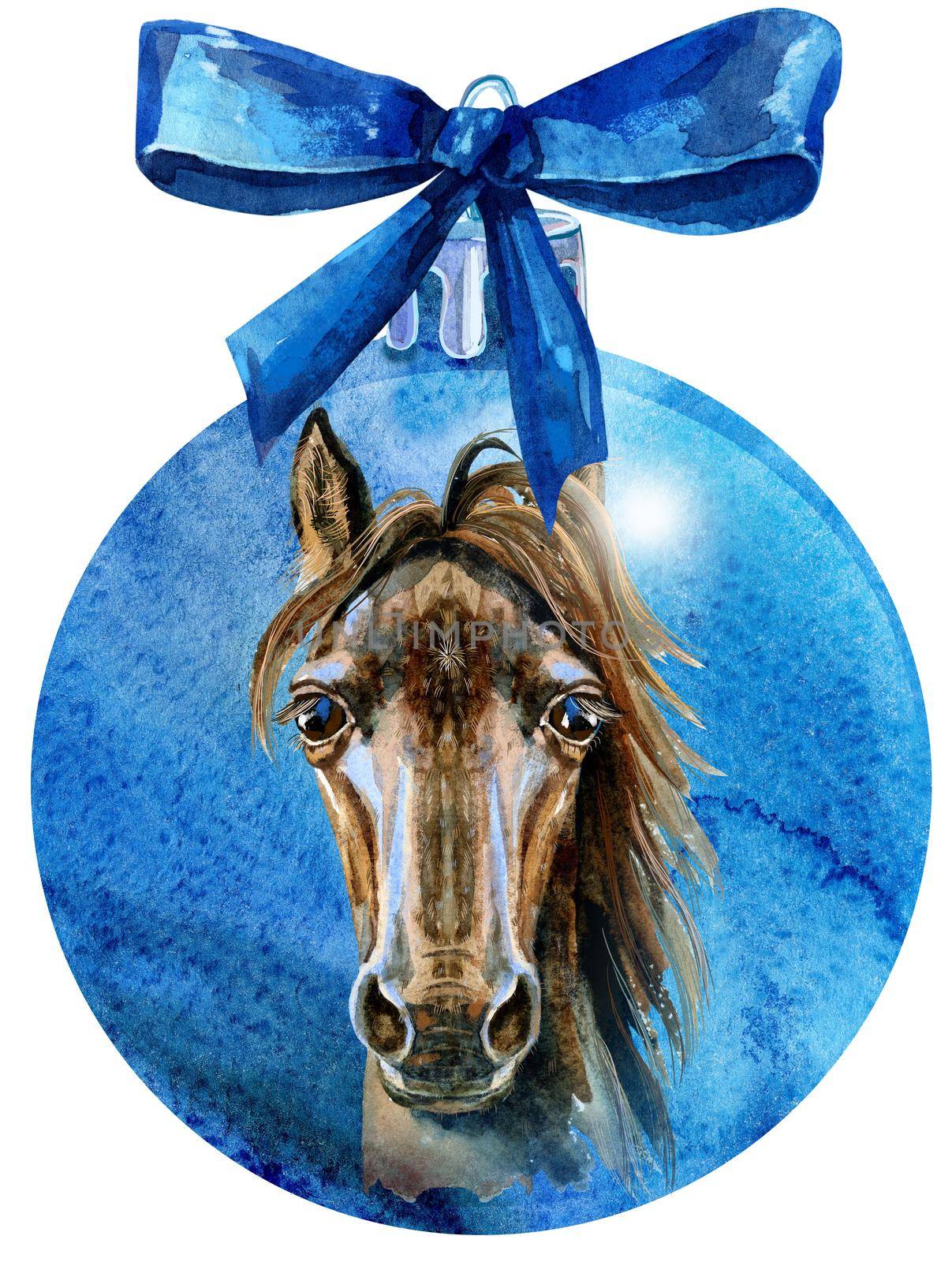 Watercolor Christmas blue ball with horse isolated on a white background.