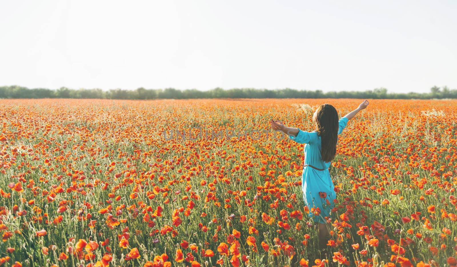 Happy brunette young woman with long hair standing with raised arms in poppy flower meadow in summer outdoor.